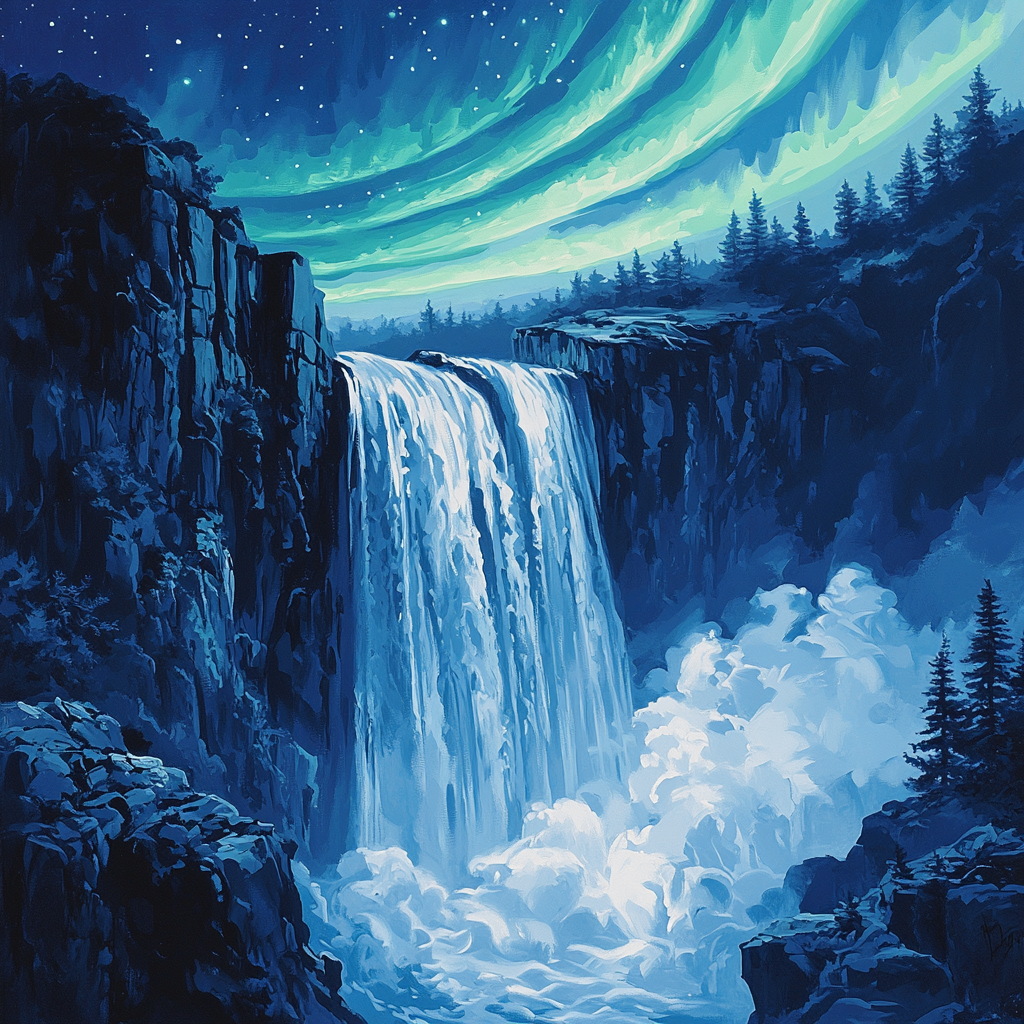 Hokusai Inspired Aurora Waterfall paint by number