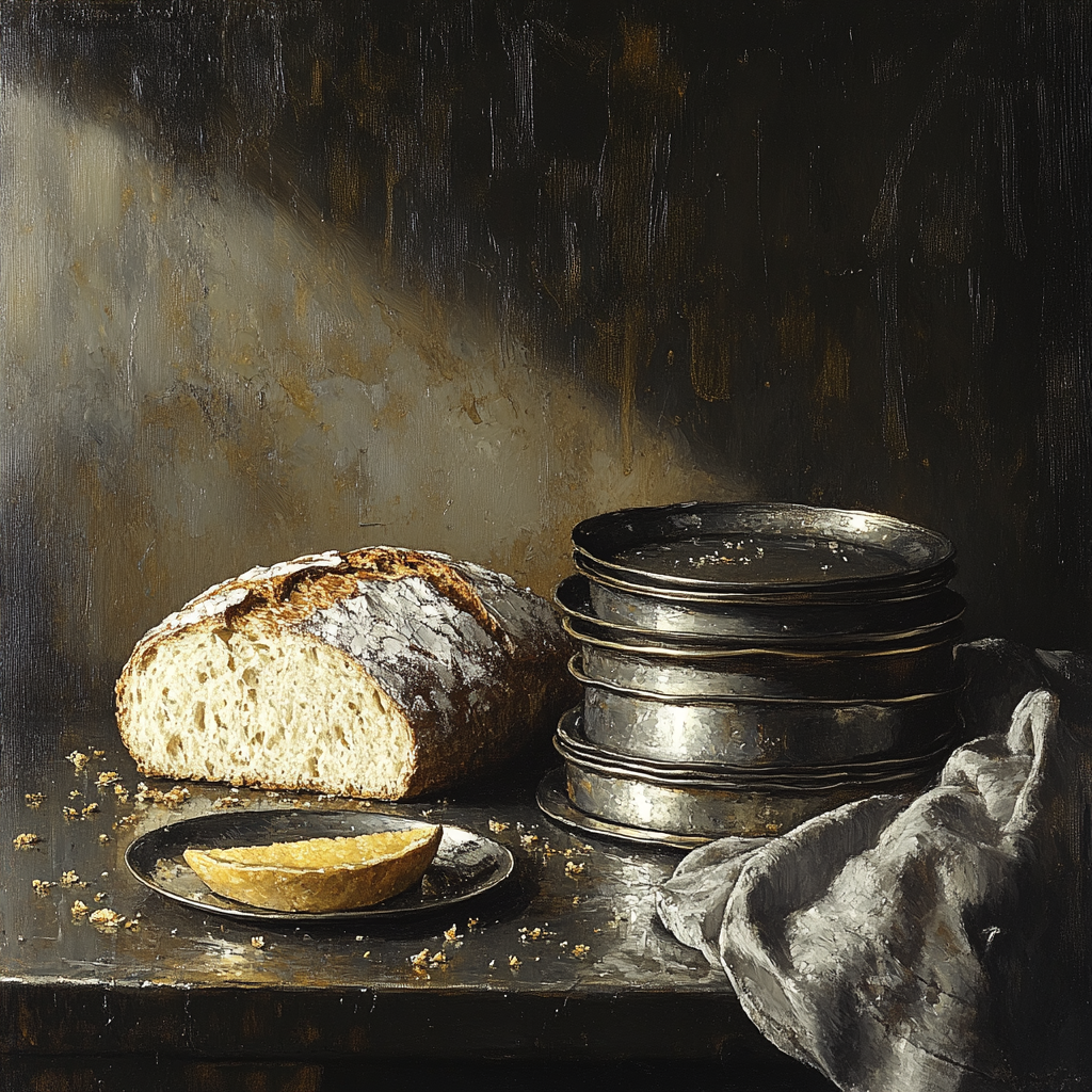 Diego Velázquez Inspired Pewter Plates And Loaf Composition painting number kit