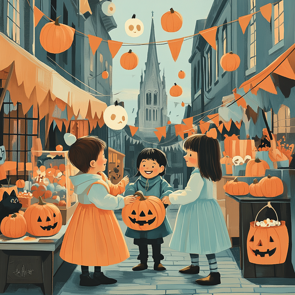 Trick Or Treaters In Spooky Lantern Market painting number kit