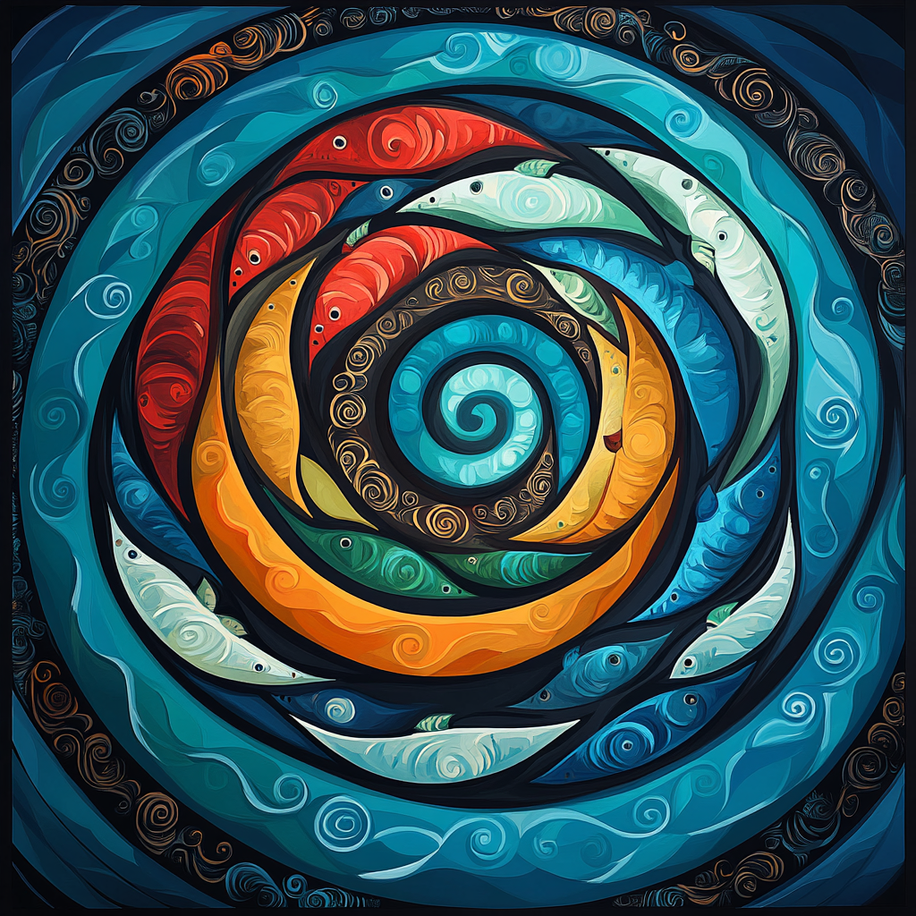 Norval Morrisseau Inspired Salmon Spiral Of Ancestral Rivers Number painting