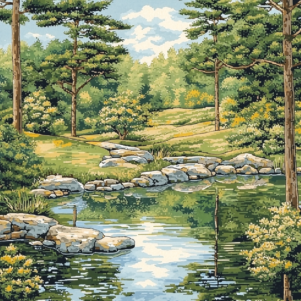 Utagawa Hiroshige Inspired Reflections Of The Tranquil Pond Paint By Numbers