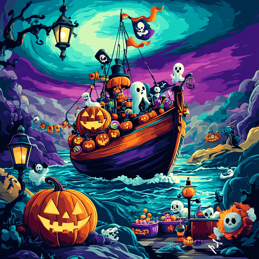 Haunted Pirate Galleon Under Aurora paint by number