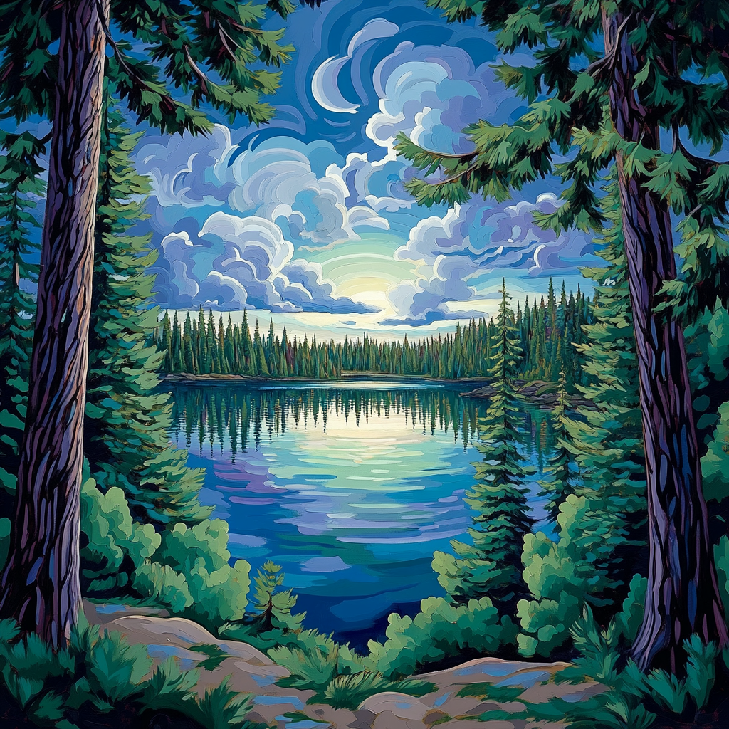 J E H MacDonald Inspired Rhythmic Pine Forest And Serene Lake Vista DIY paint by numbers