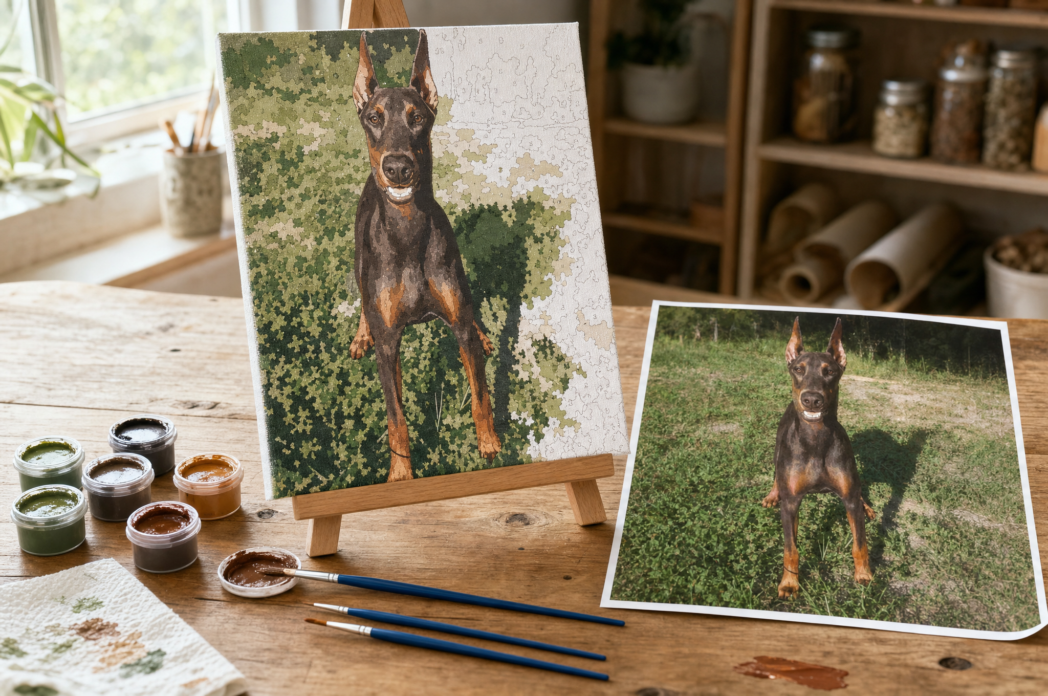 Custom pet portrait paint by numbers canvas on an easel next to the original dog photo