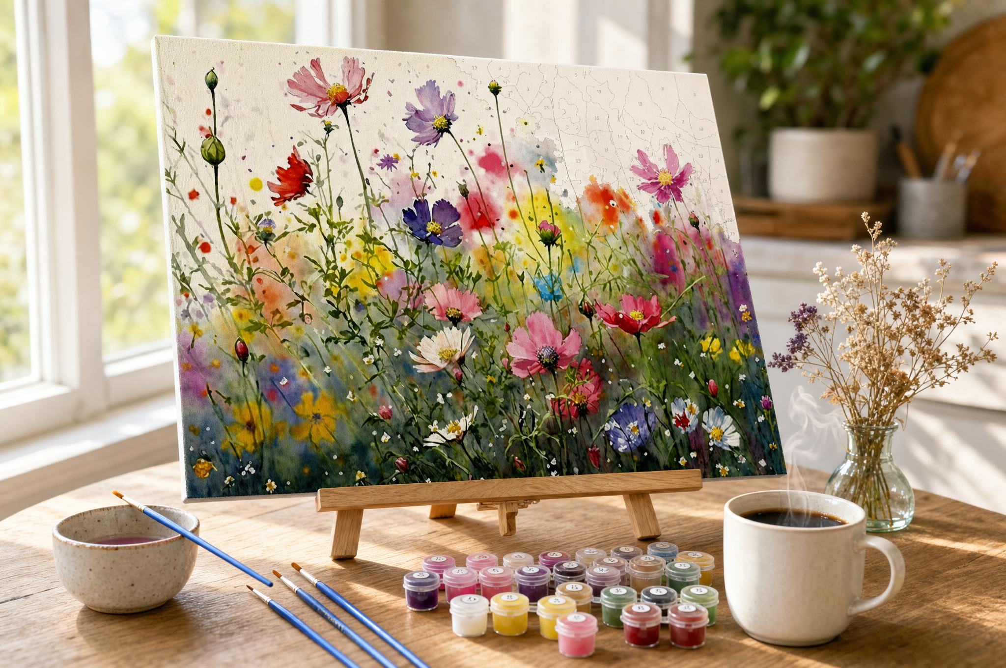 Wildflower paint by numbers canvas in progress on an easel in morning light with numbered paint pots and brushes