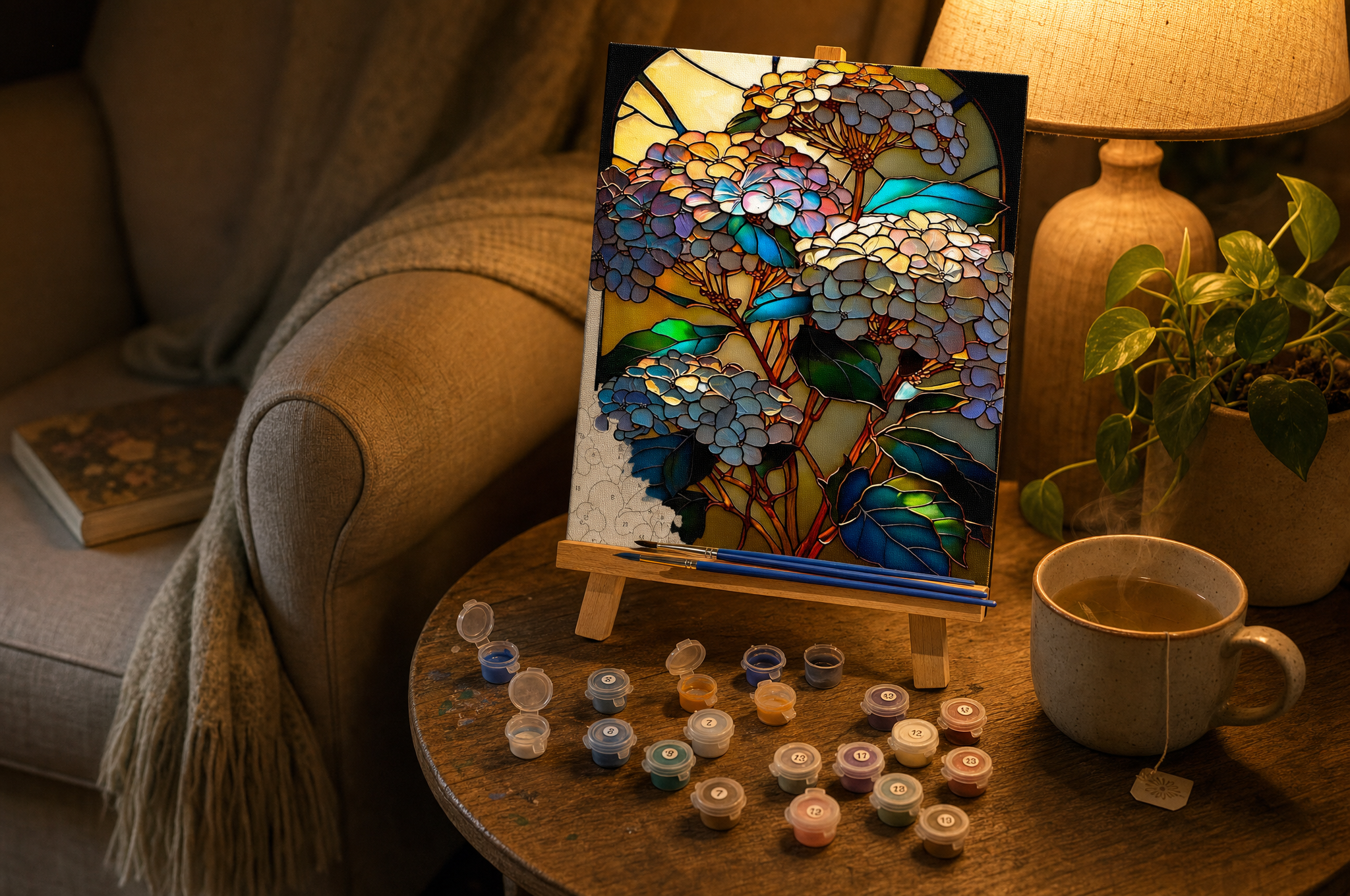Stained glass hydrangea paint by numbers canvas beside an armchair with tea in warm evening light