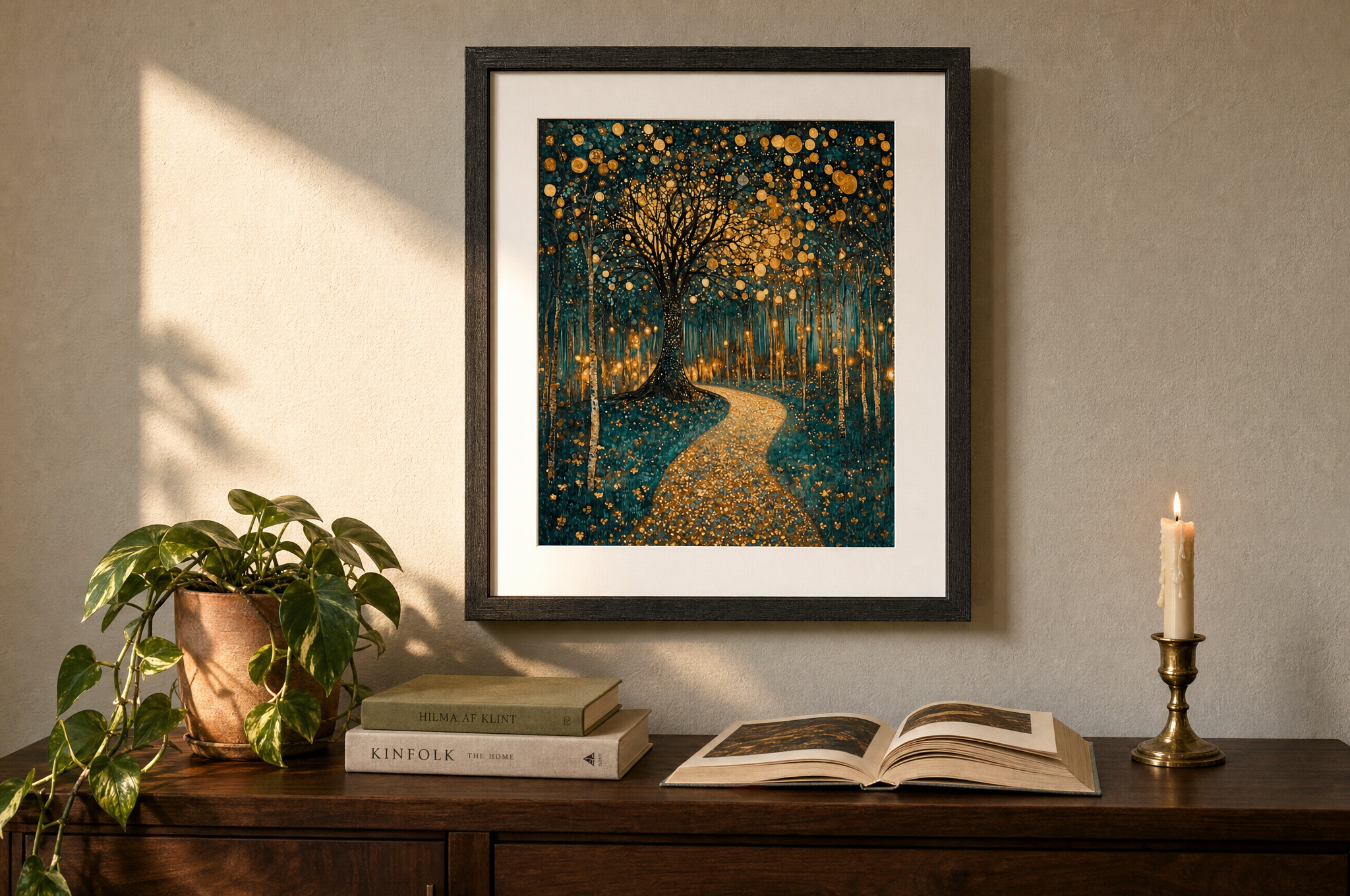 Finished Klimt-inspired paint by numbers artwork displayed in a dark wood frame with white mat above a sideboard