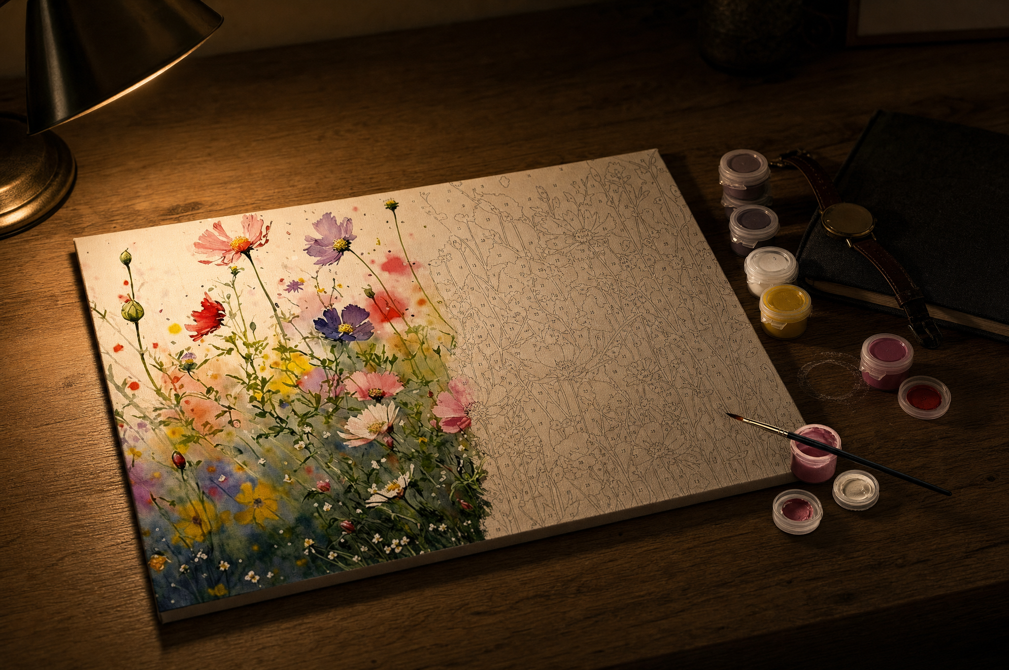 Half-painted wildflower paint by numbers canvas on a desk under warm lamp light with a wristwatch beside it