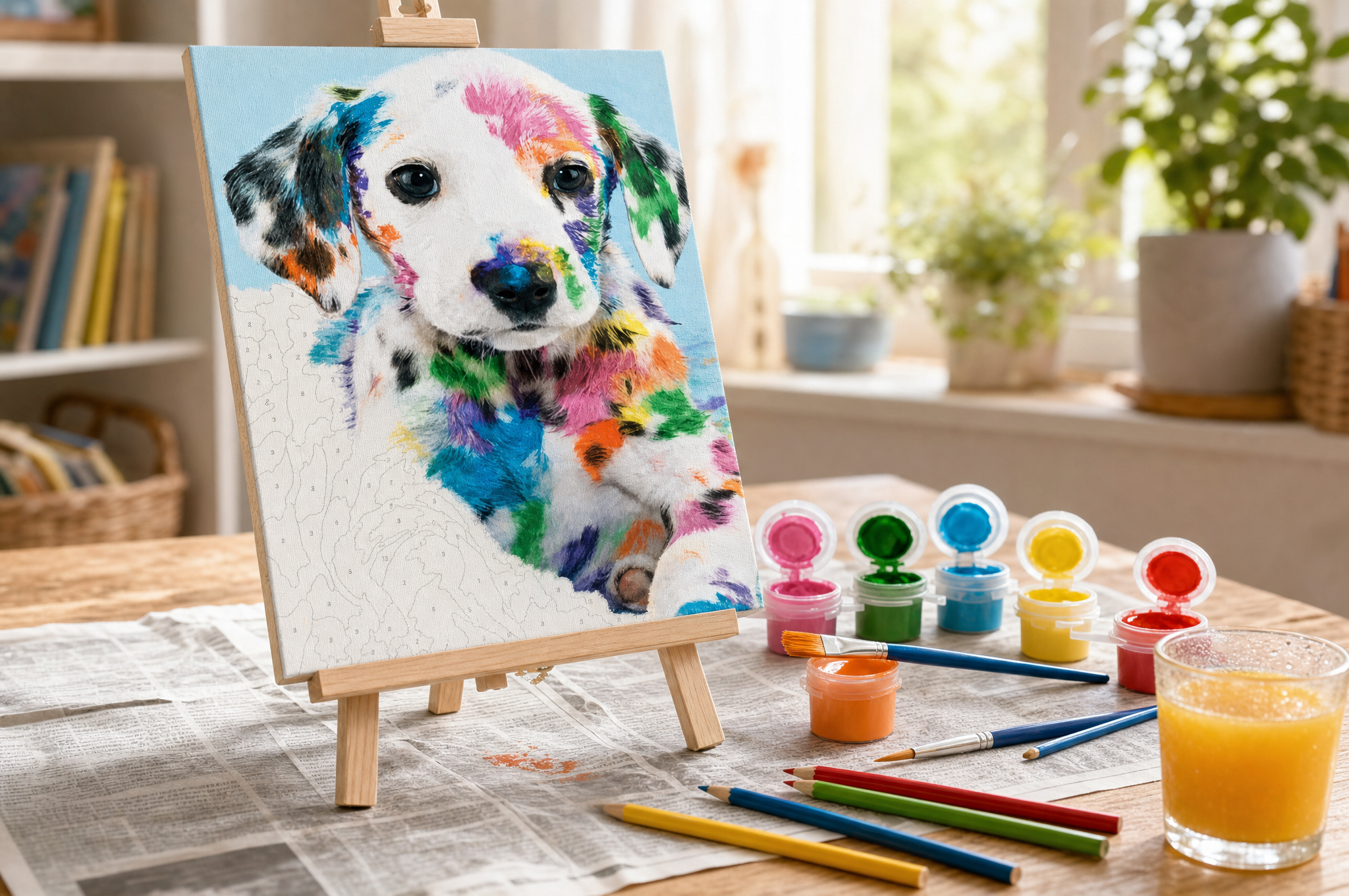 Kids craft table with a half-painted playful puppy paint by numbers canvas, paint pots and brushes