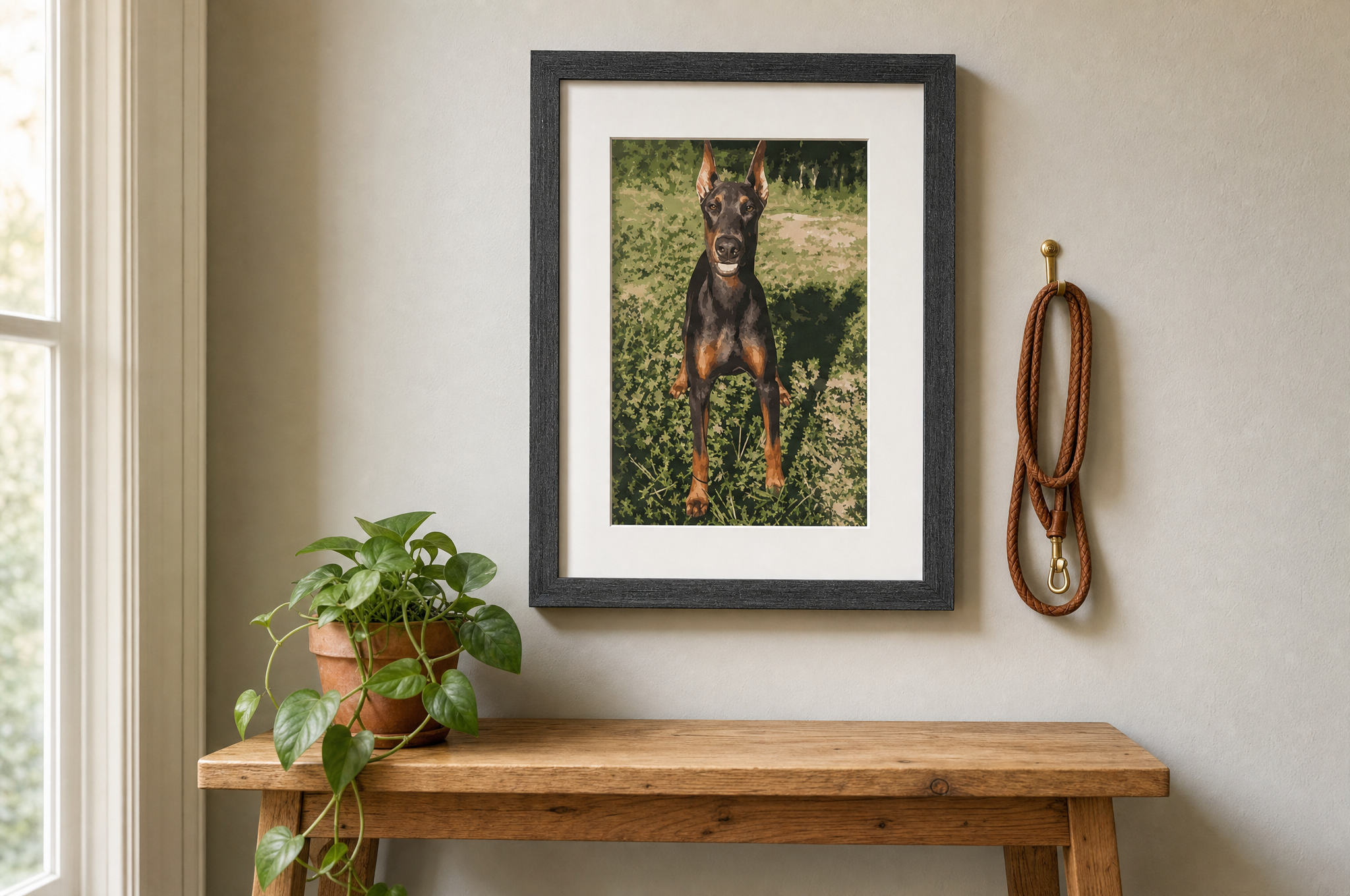 Framed pet portrait paint by numbers artwork of a Doberman hanging on a hallway wall above a console