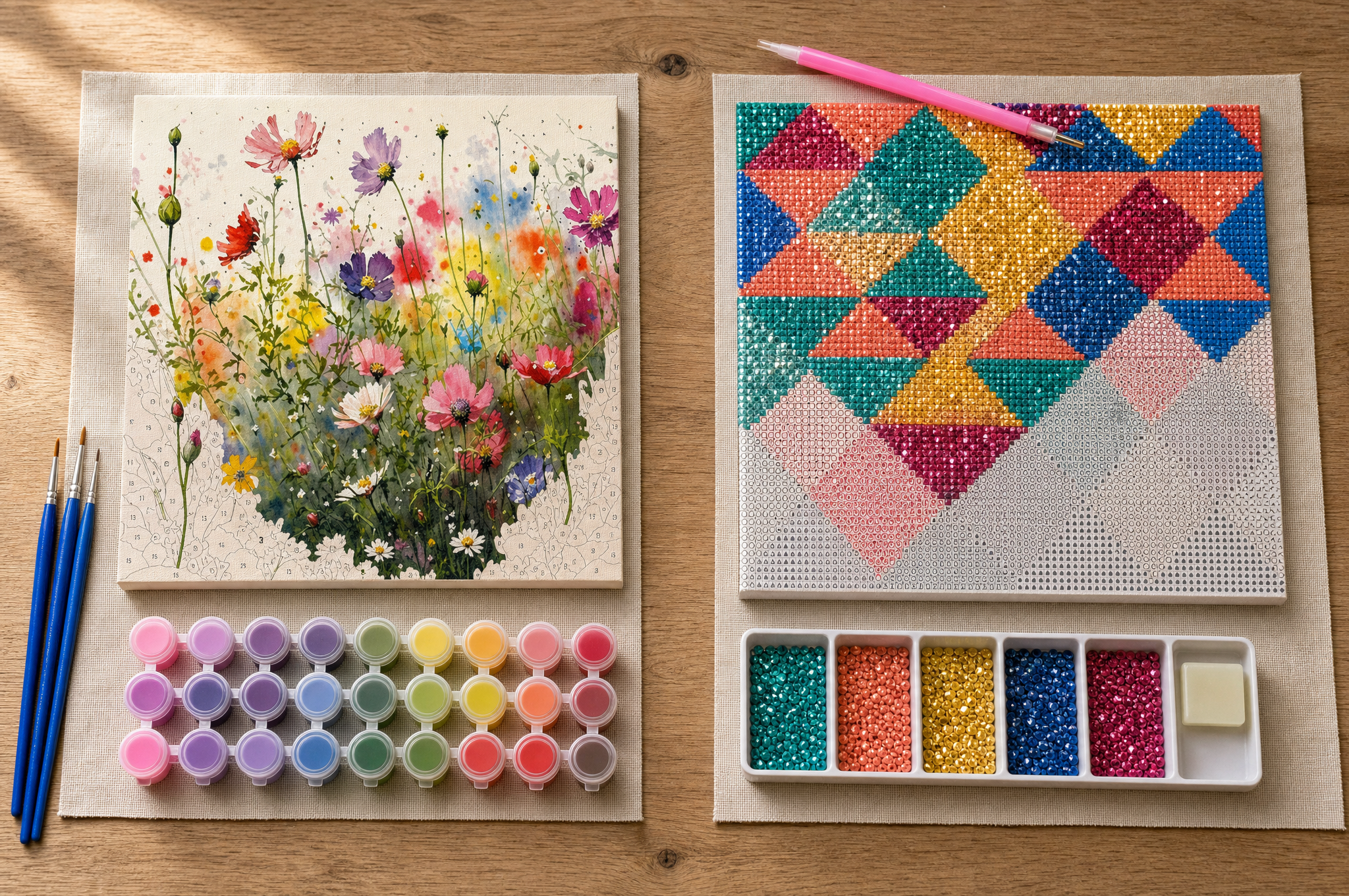 Craft table split between a paint by numbers canvas with brushes and a diamond painting mosaic with placement tools