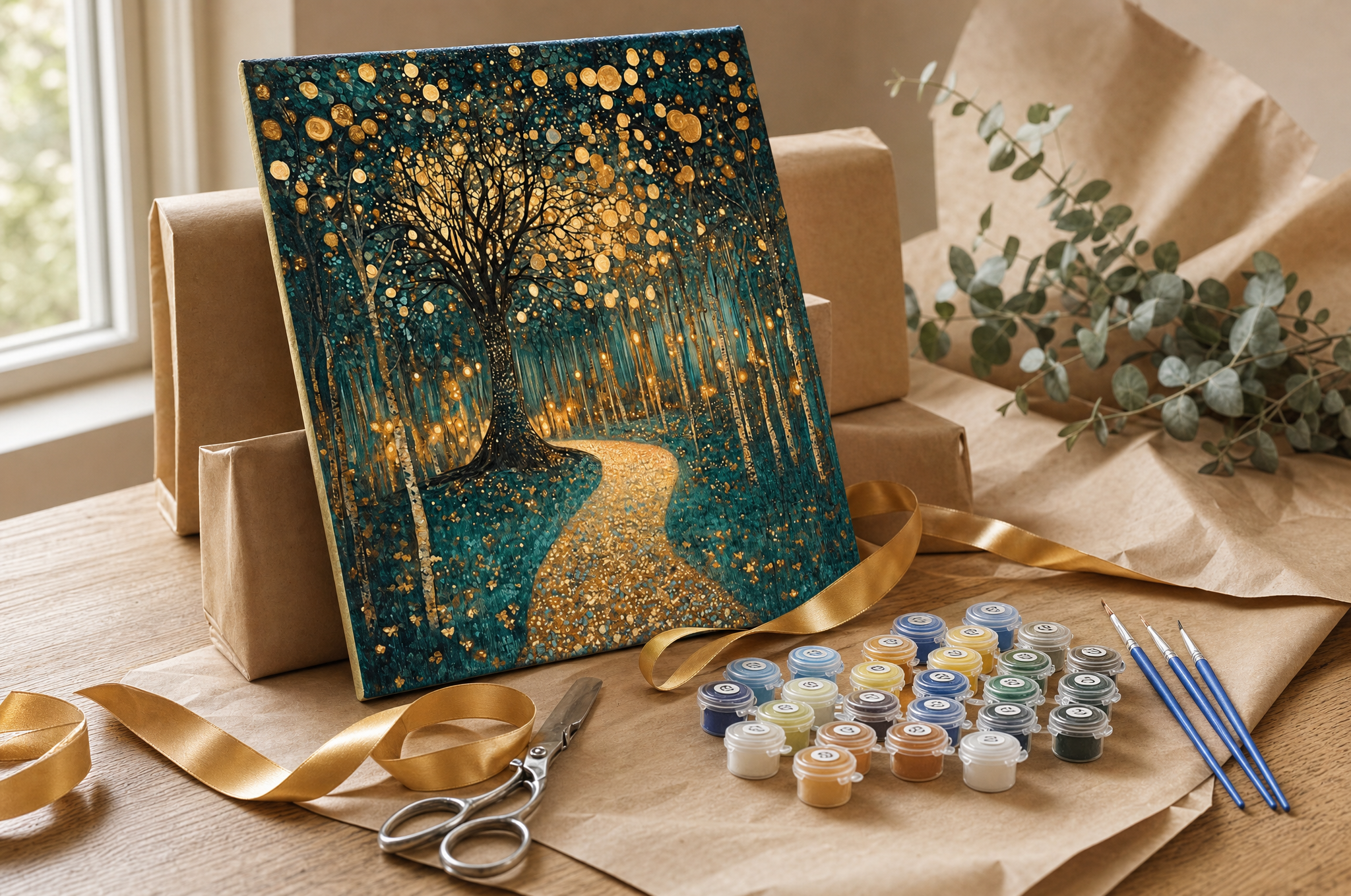 Paint by numbers kit with canvas, numbered paint pots and brushes beside kraft wrapping paper and ribbon