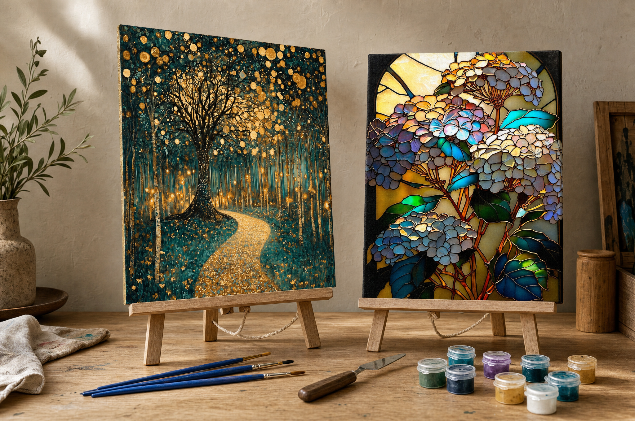 Two artist-inspired paint by numbers canvases on easels side by side gallery style with paint pots below