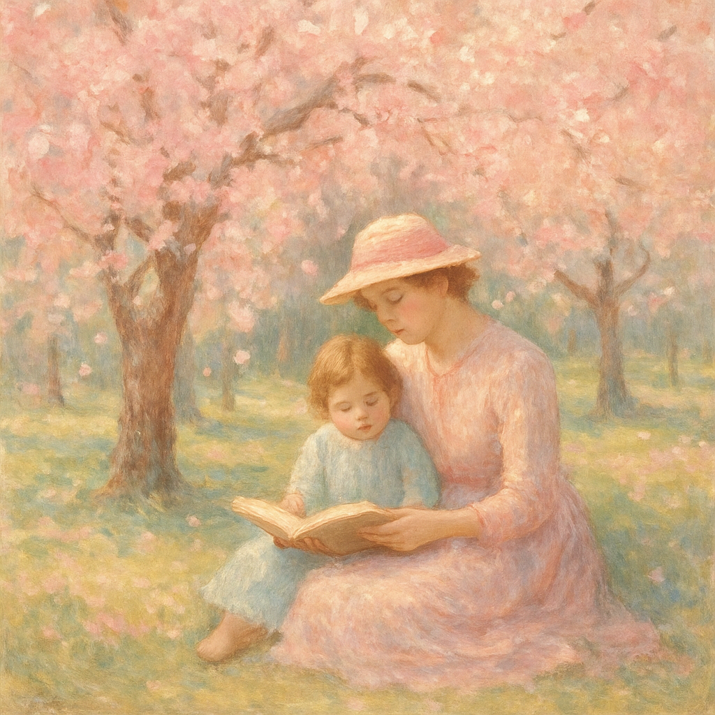 Mother And Child Under Cherry Blossoms painting number kit