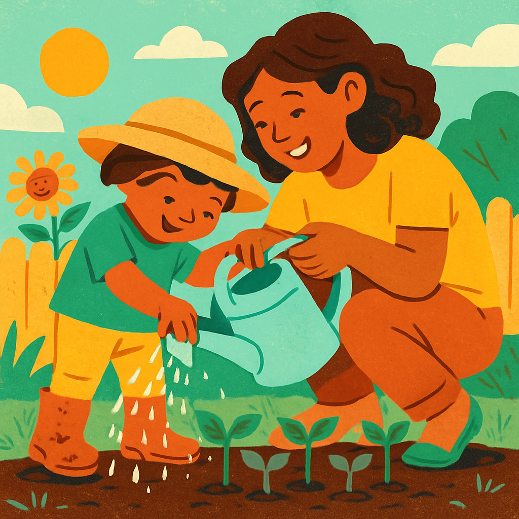 Little Gardener And Mom With Watering Can Paint by numbers art