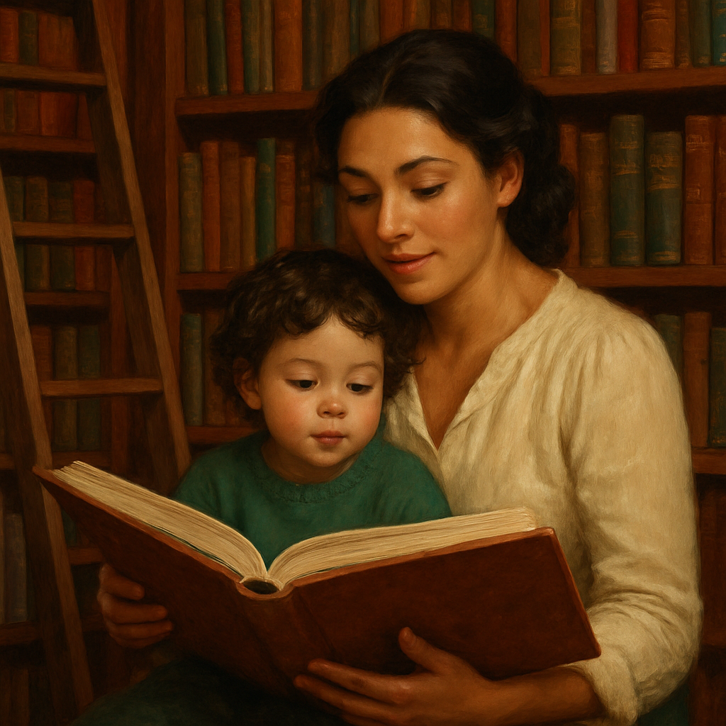 Mother And Child Exploring A Library painting number kit