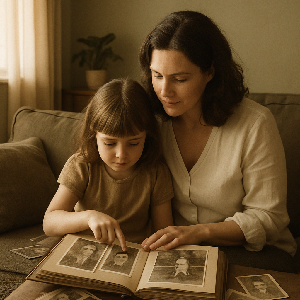 Mom And Child Looking At Old Photo Albums paint by color