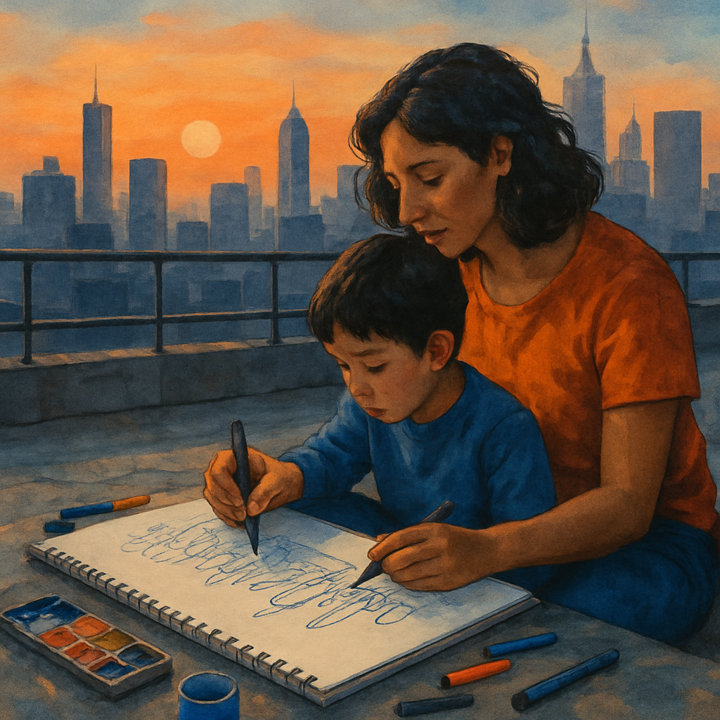 Mother And Child Sketching City Skyline Painting by numbers kit