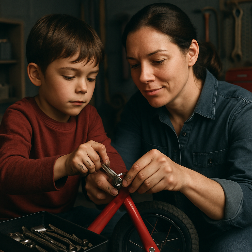Mom And Child Repairing A Bicycle paint by color