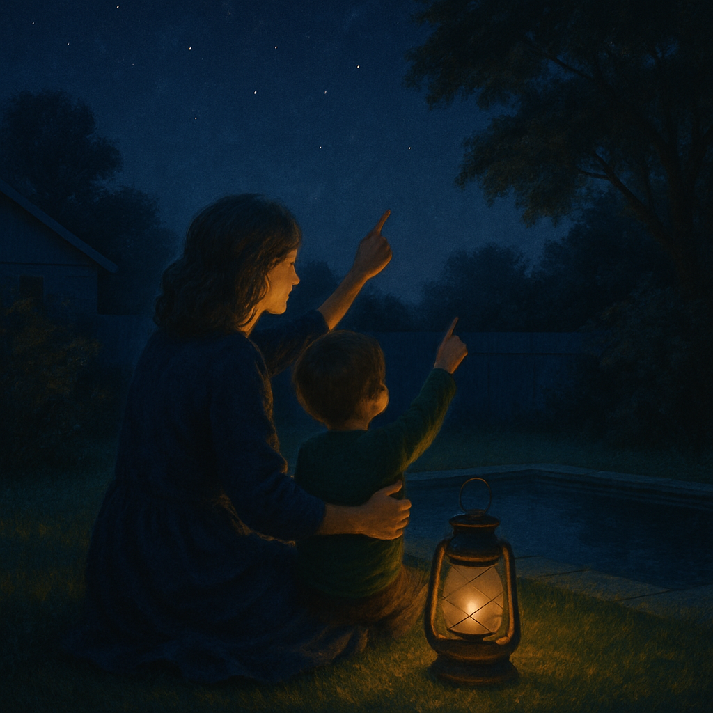 Mother And Child Stargazing With Lantern Number painting