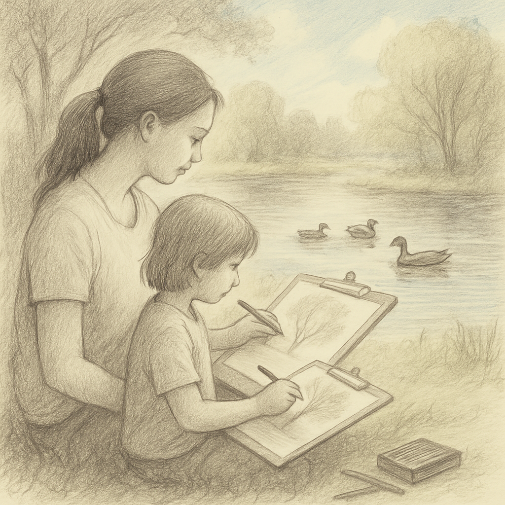 Mother And Child Sketching In Park Numbered painting kits
