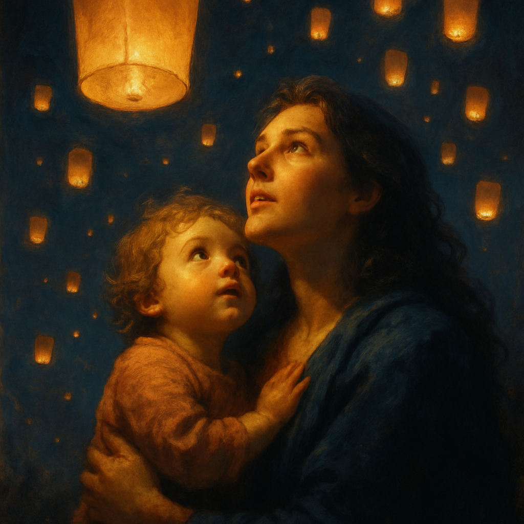 Mother And Child Portrait In Rain Of Lanterns Number painting