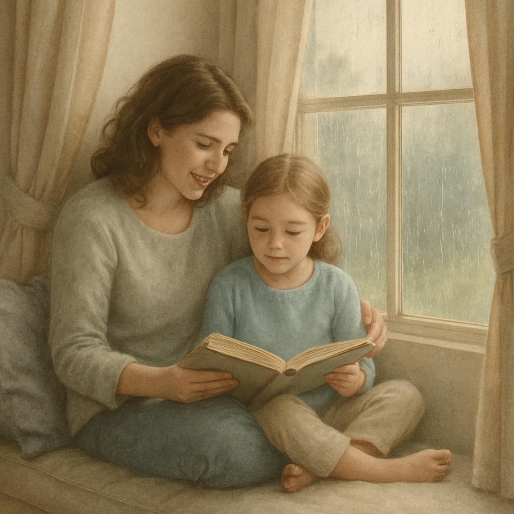 Mother And Child Reading On Window Seat paint by number