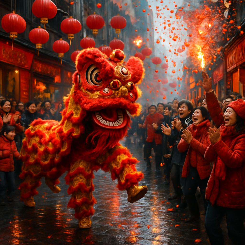 Chinese New Year Lion Dance In City Street Painting by numbers kit