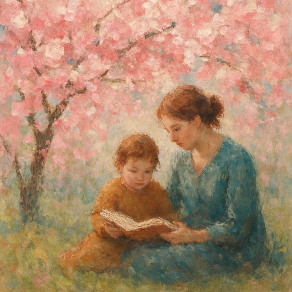 Shared Storytime Beneath Cherry Blossoms DIY paint by numbers