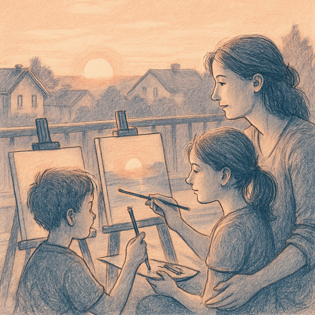 Sibling Rooftop Sunset Sketch Numbered painting kits