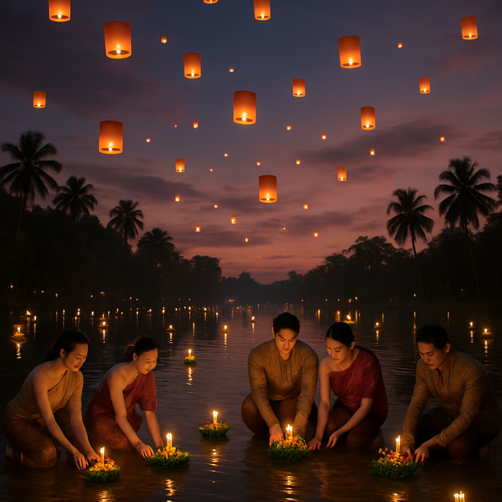Loy Krathong Lantern Festival By The River In Thailand Paint by numbers art