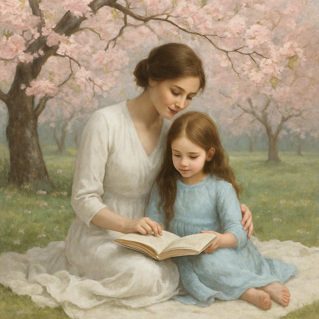 Reading Together Beneath Cherry Blossoms Painting by numbers kit