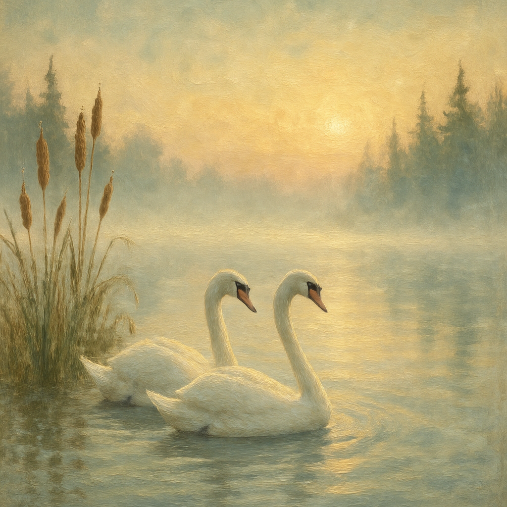 Swans Across The Misty Lake paint by color
