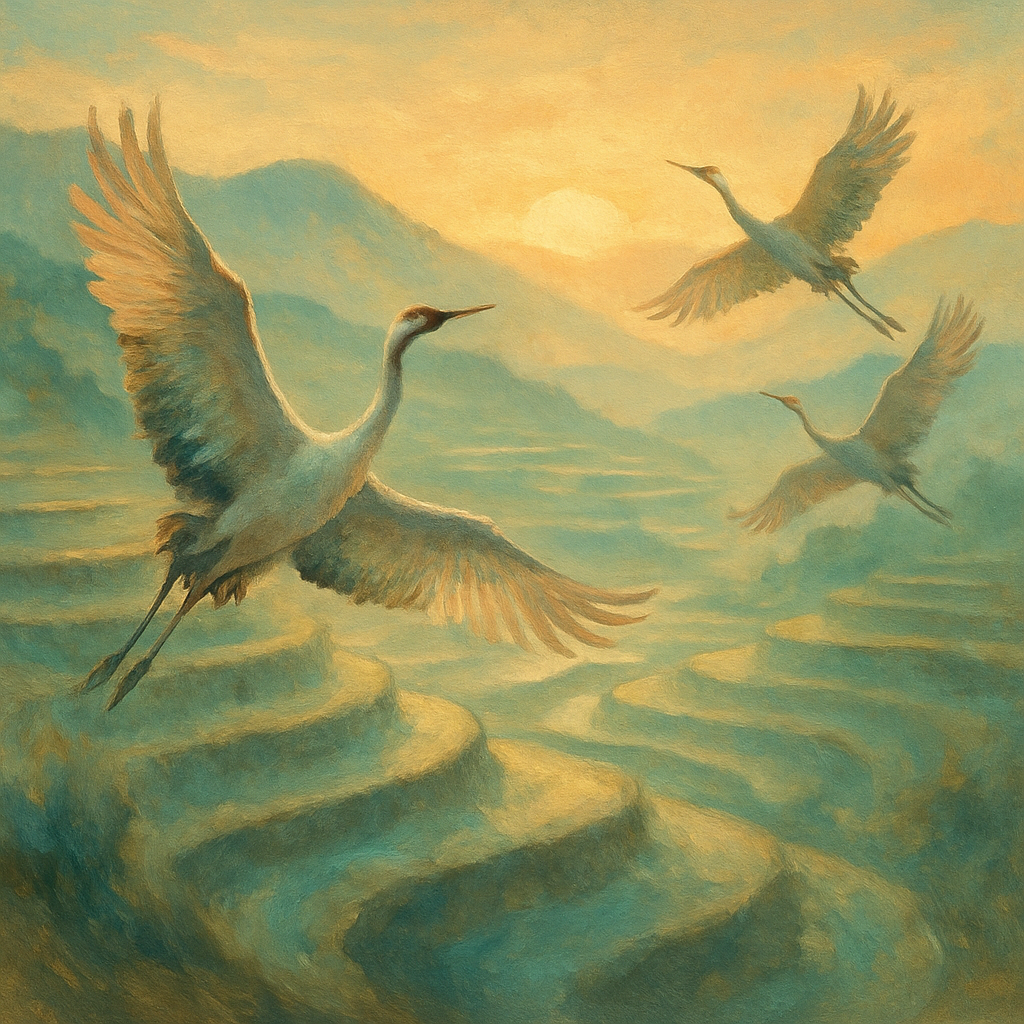 Crane Sunrise Over Rice Terraces paint by number