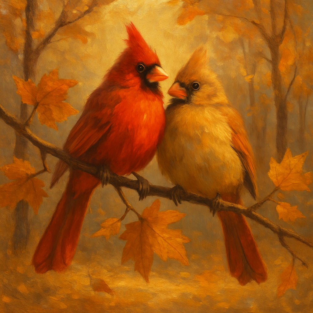 Cozy Cardinals On Golden Branches paint by color
