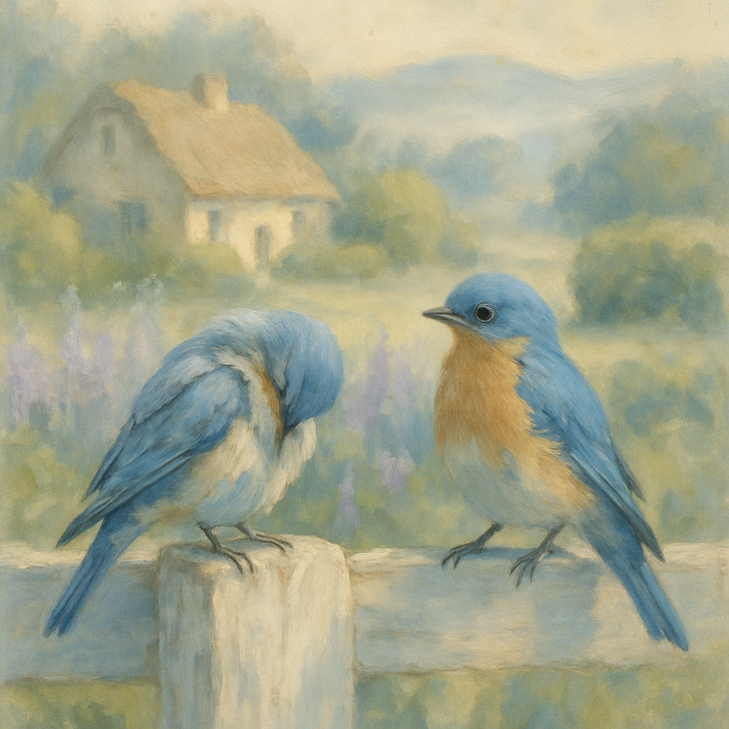 Bluebirds By The Cozy Garden Fence Number painting