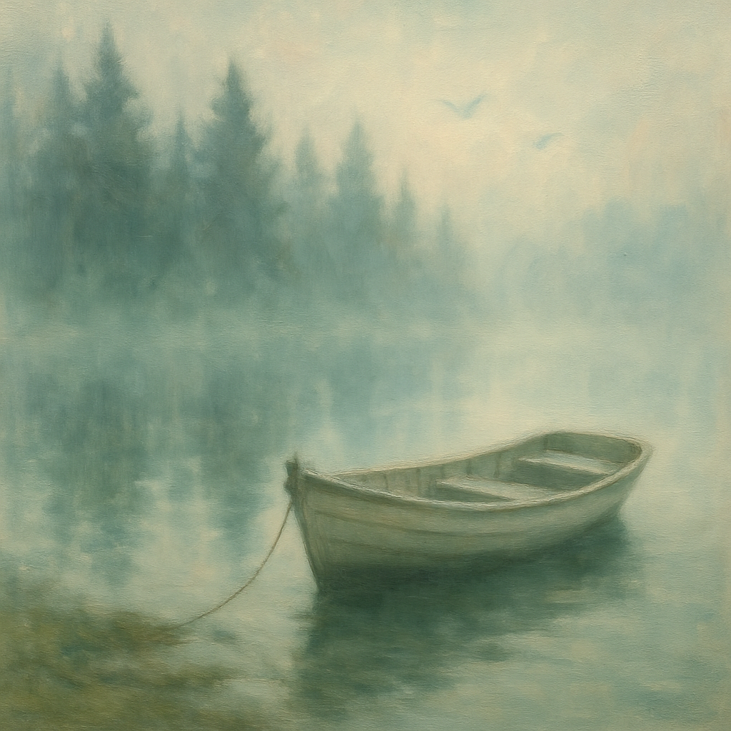 Rowboat Beside Foggy Pine Shore Paint by numbers kits