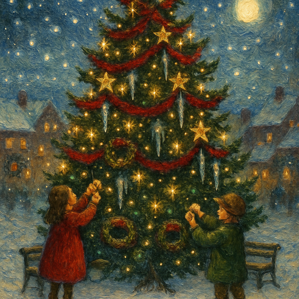 Icicle Ornaments On Village Square Tree Paint by numbers kits