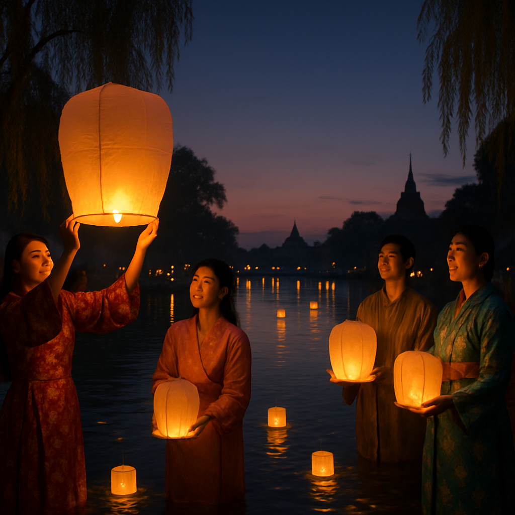 Lantern Festival Glow Over Riverbanks paint by number