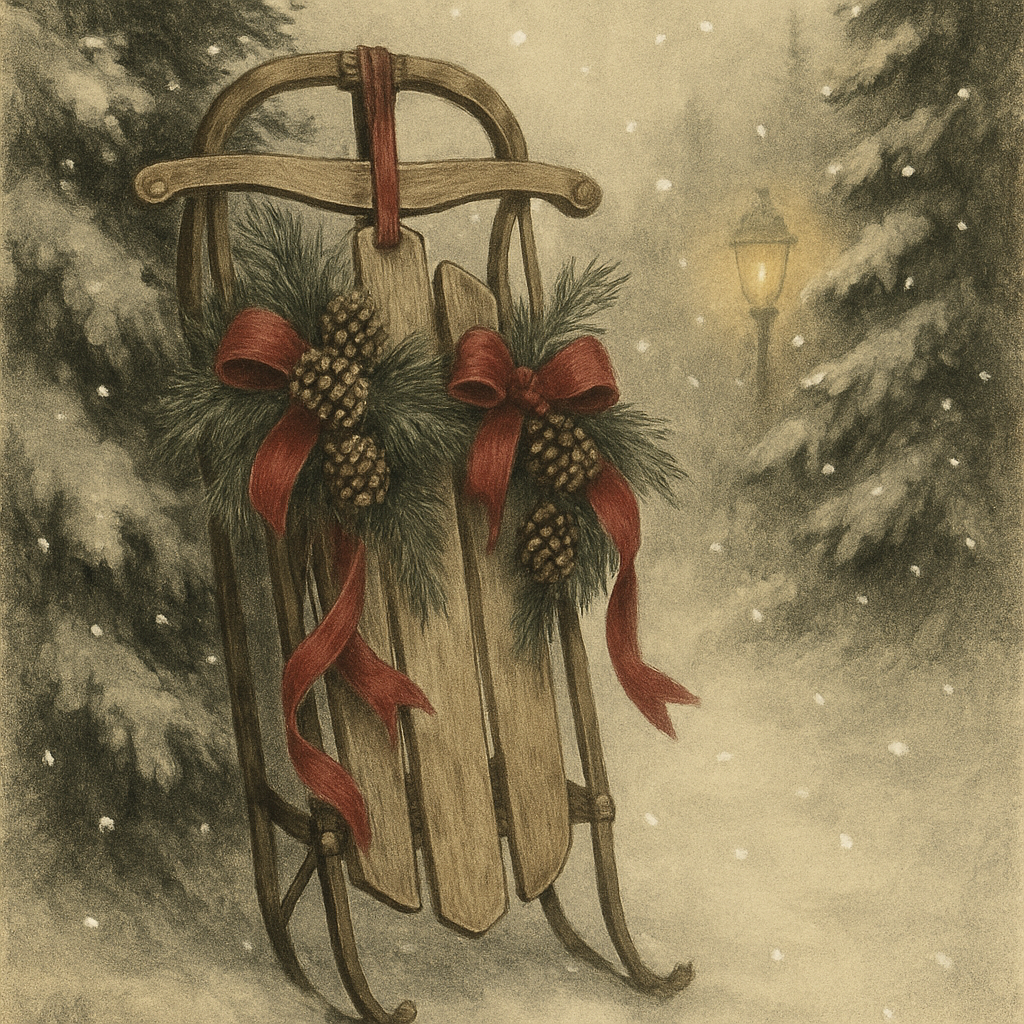 Vintage Sled By Snowy Pine Trees painting number kit