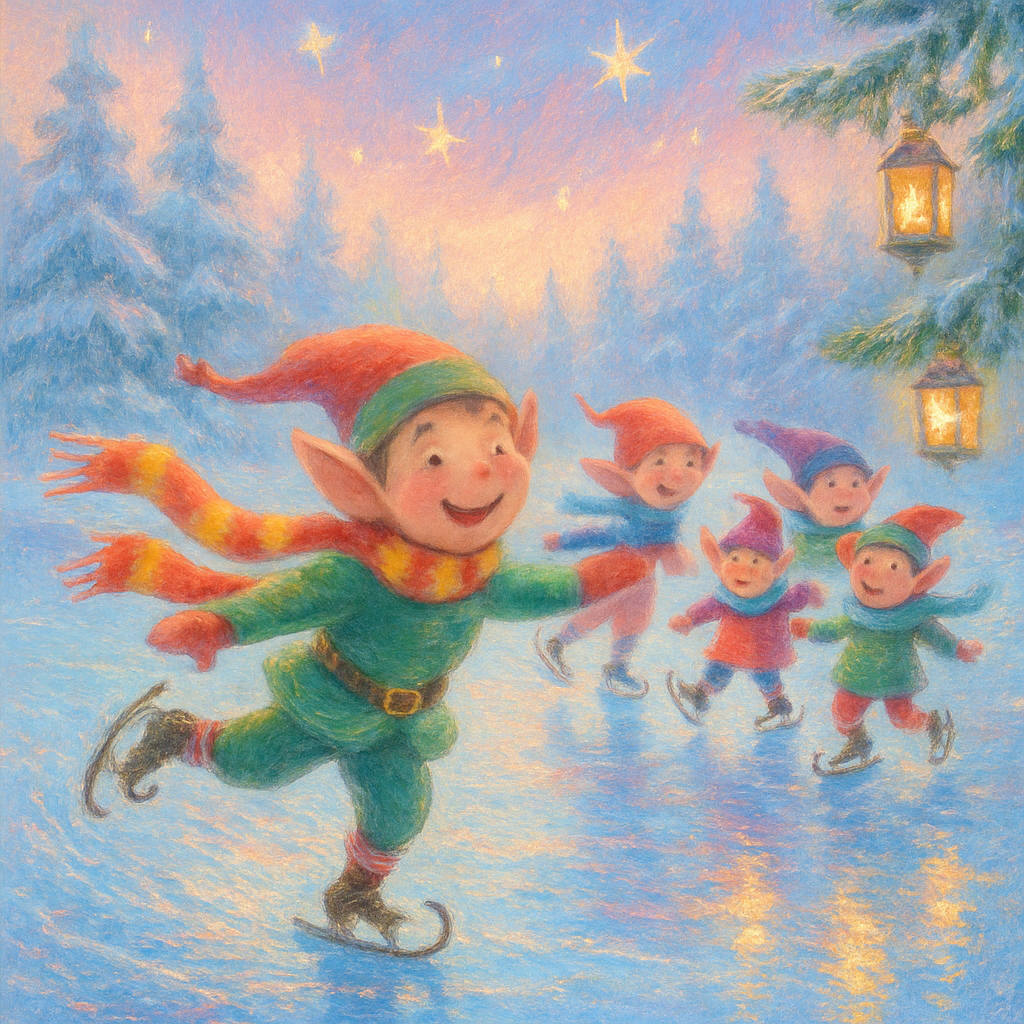 Whimsical Elves Ice Skating At Dawn paint by color