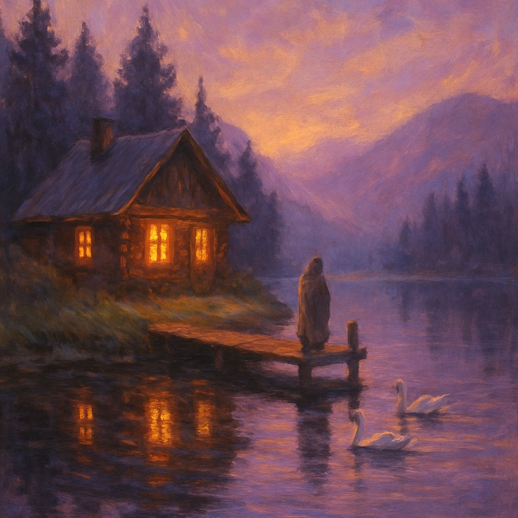 Cabin At Dusk Lake paint by color