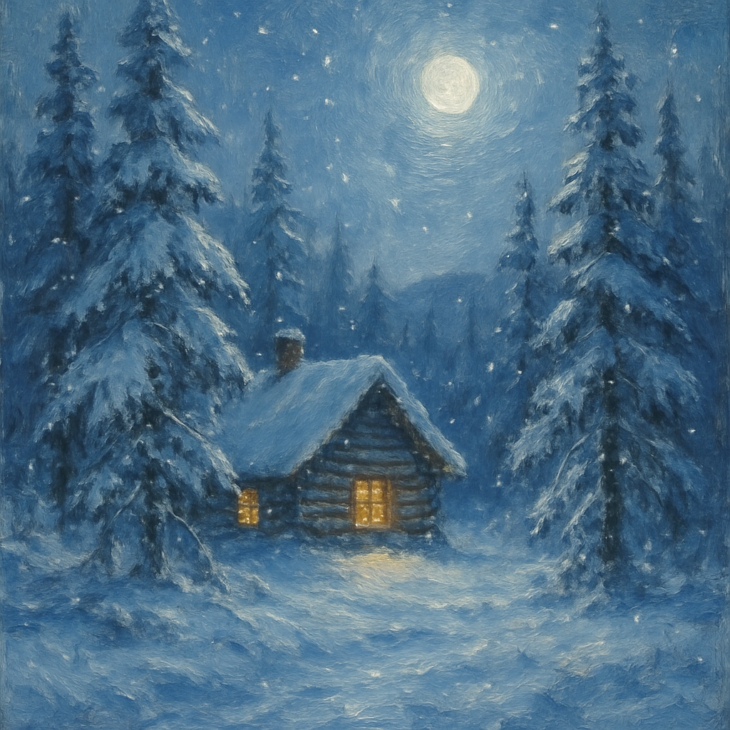 Moonlit Cabin In Winter Pines paint by numbers