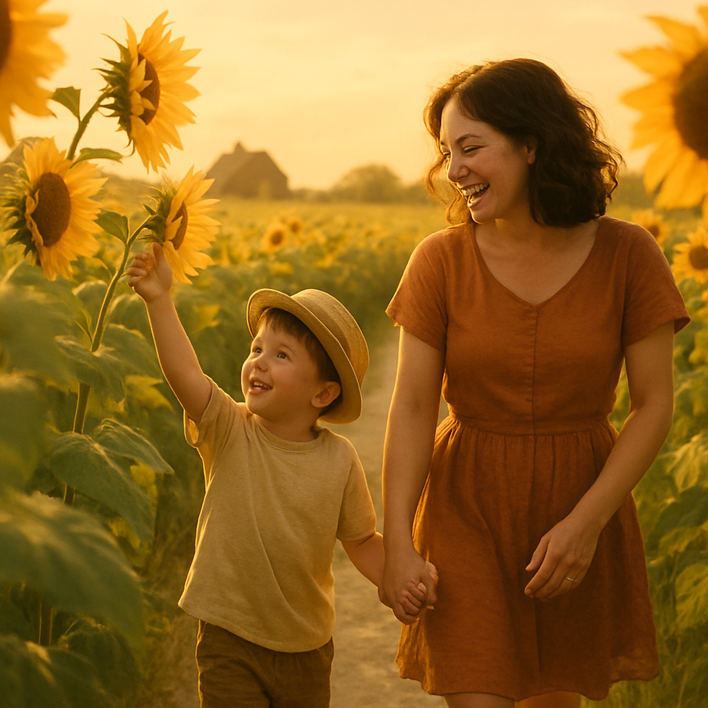 Sunflower Field With Mother And Child paint by color