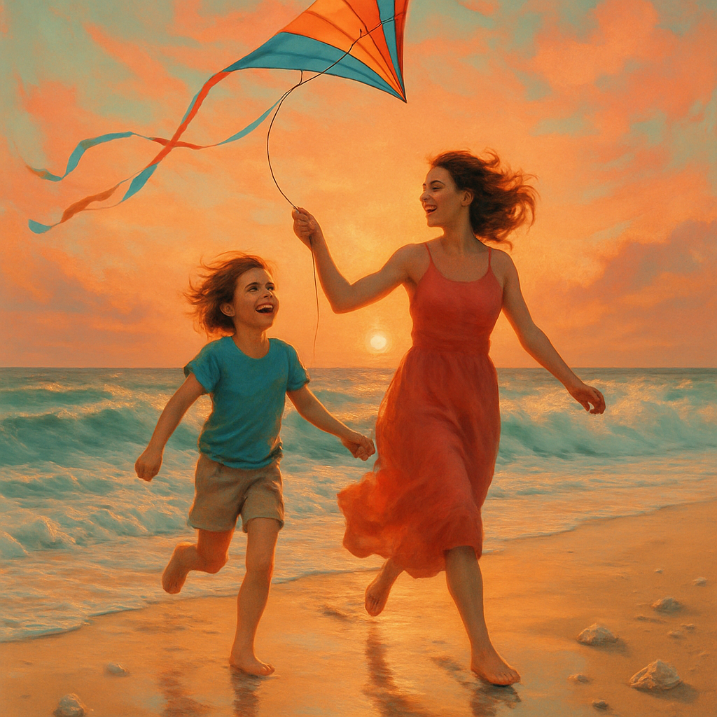 Seaside Stroll Mom With Child Kite Number painting
