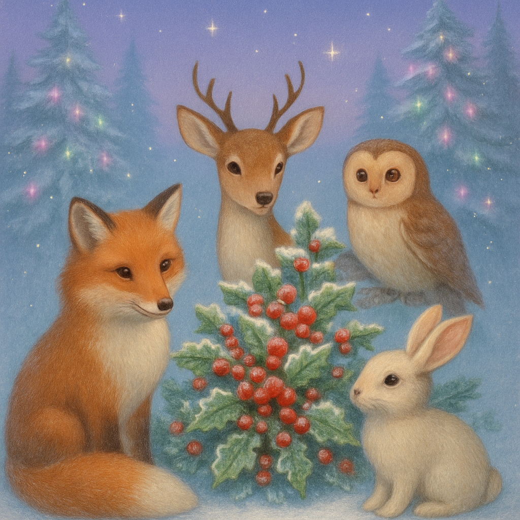Winter Woodland Animals Around Holly Bush Painting by numbers kit