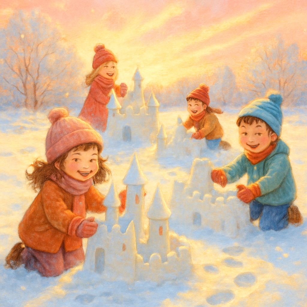 Children Building Snow Castles At Dawn paint by number