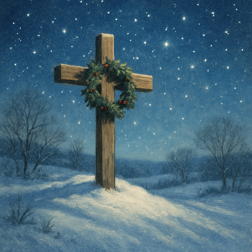 Star-Filled Night Over Snowy Hilltop Cross Numbered painting kits
