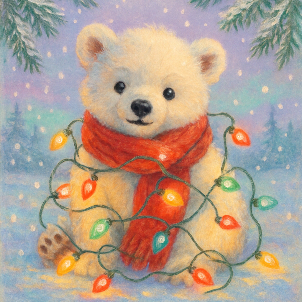Whimsical Polar Bear With Scarf And Lights painting number kit