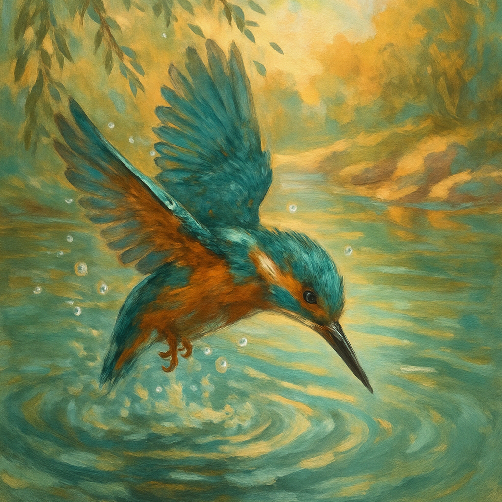 Kingfisher Dive At Golden Riverbend Number painting